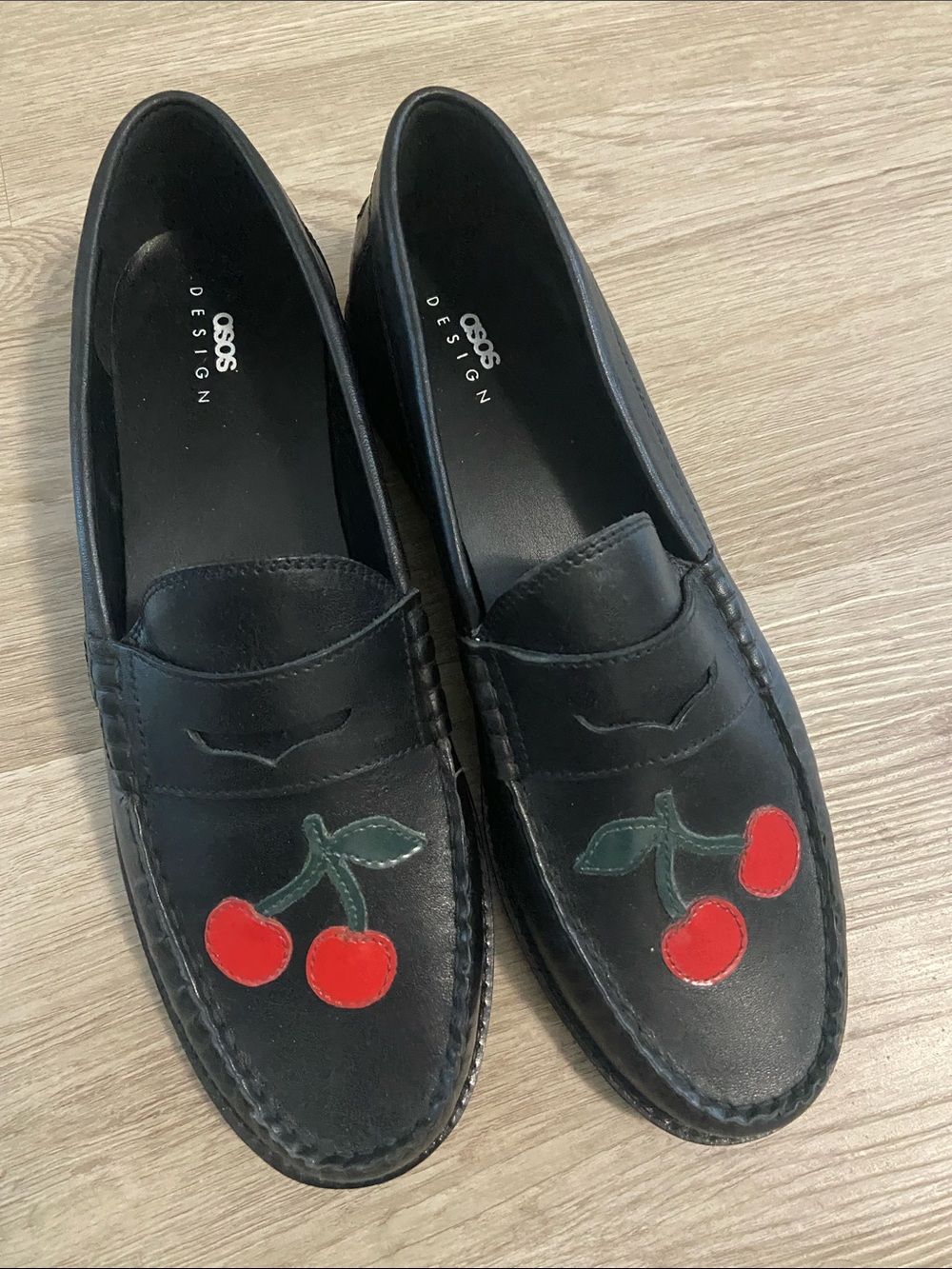 ASOS Black Leather Loafers with Red Cherry Appliqués